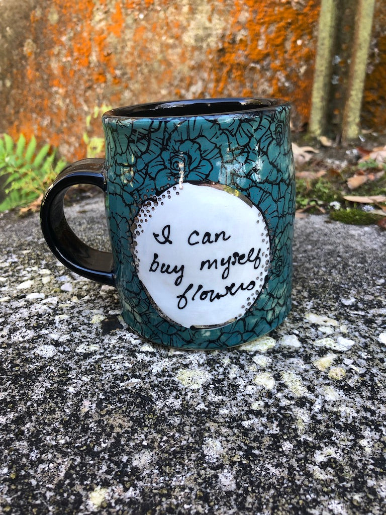 Flowers Galentines Day Mug (Teal) Real White Gold Lustre